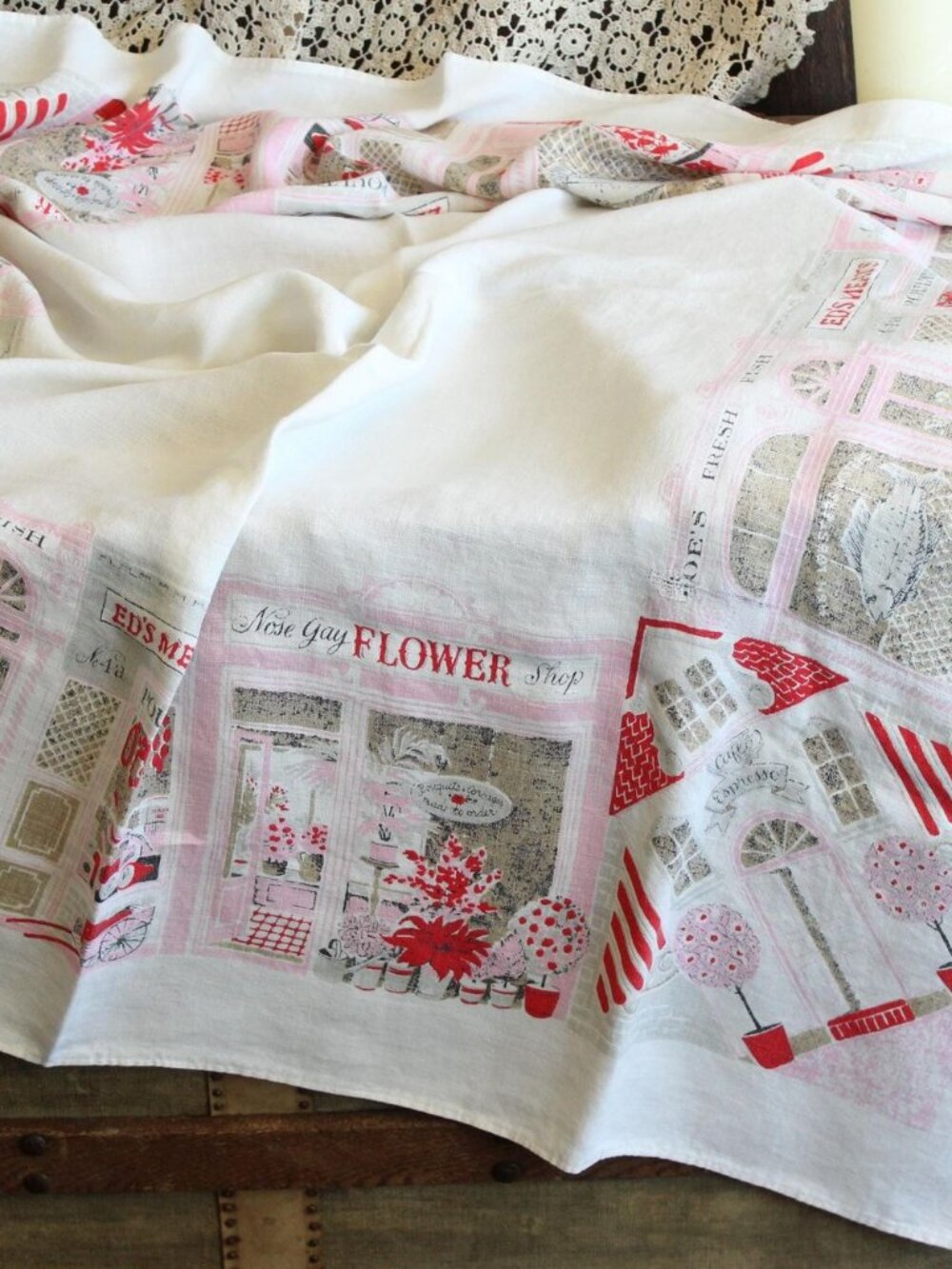 Vintage 1950s Tablecloth, Novelty Storefront Print White Linen Table Topper